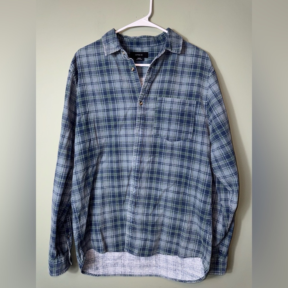 Cotton On Men’s Blue Plaid Corduroy Button Down Shirt Size Medium
